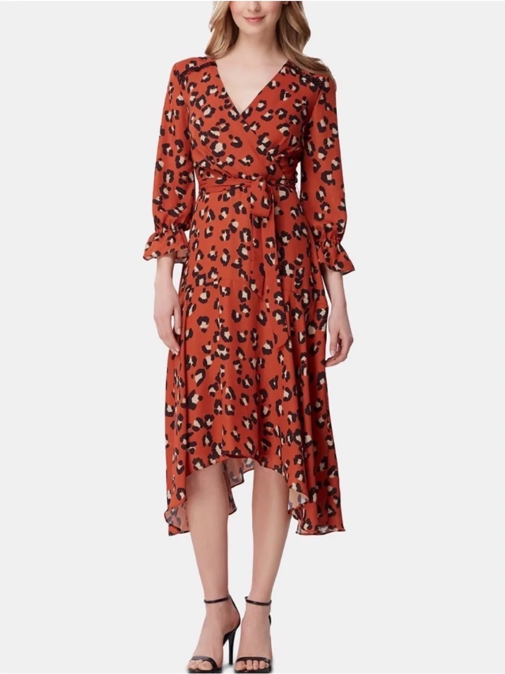 Leopard Print Rust Wrap High-Low Dress - Picture 1 of 7